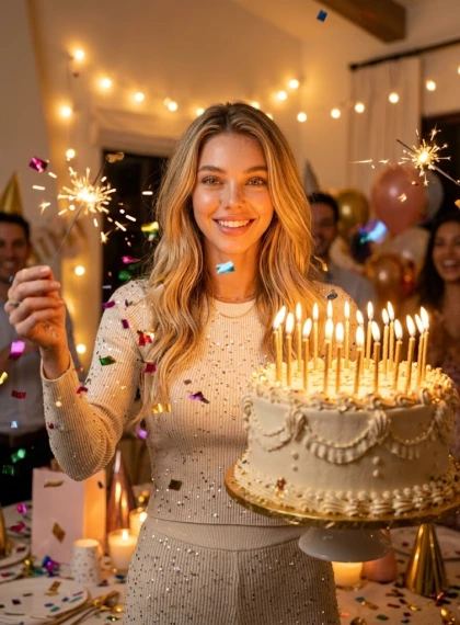 Full-length figure in the center of the room strewn with shiny confetti, holding a huge cake with burning candles, sp...