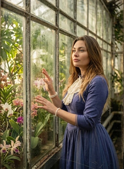 Full-length near the greenhouse window, hand touches the glass with plants, gaze outward, tropical leaves and orchids...
