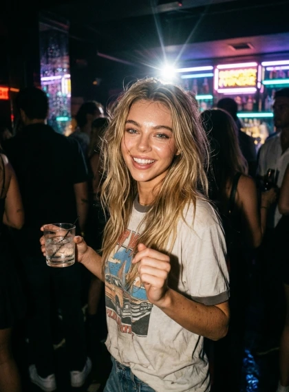 Full-length person at a party, dancing with a glass in hand, smartphone flash illuminates the face, blurred silhouett...