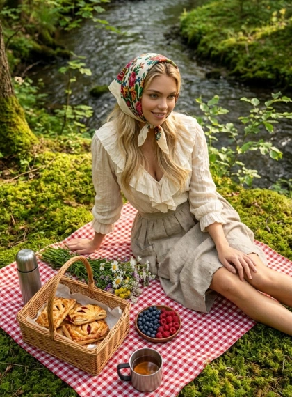 Förtrollande cottagecore picknick vid bäcken i skogen – rutig filt, blommor och solsken