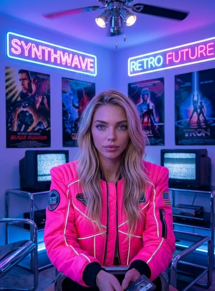 Fütüristik 80'ler Yatak Odası: Pembe Neon Bomber Ceketli Yakın Çekim