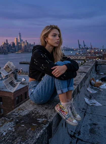 Gadis Contemplatif di Tepi Atap Rooftop East River Senja, Pemandangan Manhattan Ultra Realistis