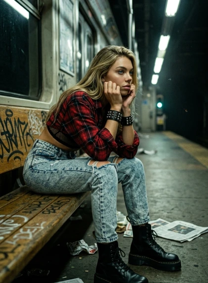 Gadis Punk Grunge di Platform Subway Tengah Malam - Realisme Foto Ultra Fotorealistik