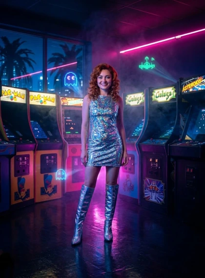 Gadis Seksi di Aula Arcade 80an Malam Hari Neon Pink Biru Holografik
