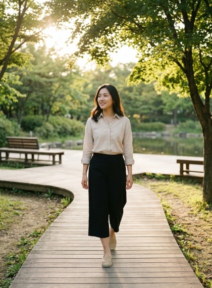 Gambar Realisme Ultra Tinggi: Orang Berjalan Lambat di Seoul Forest Saat Golden Hour