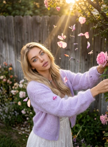 Garden with roses and lavender, picking a flower, arms extended, petals falling, sun breaking through the branches, w...