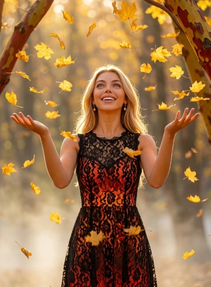 Golden leaves swirl in the air, hands extended upwards as if catching the rays of the autumn sun, warm golden light f...