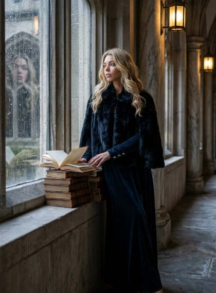 Gothic university corridor, marble columns with lanterns, stack of books at hand, head turned to the window with rain...