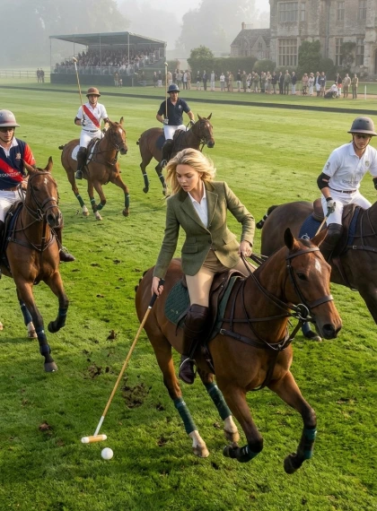 Green polo field in an English estate, morning fog disperses under the hooves of horses. Riders gallop, battle for th...