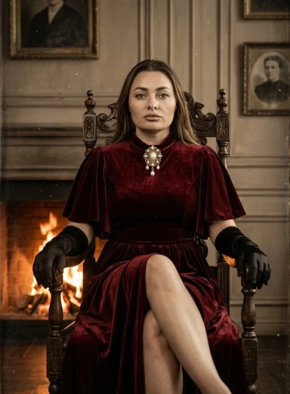 Grua Elegante në Fustan Kadife të Kuqe pranë Oxhaku