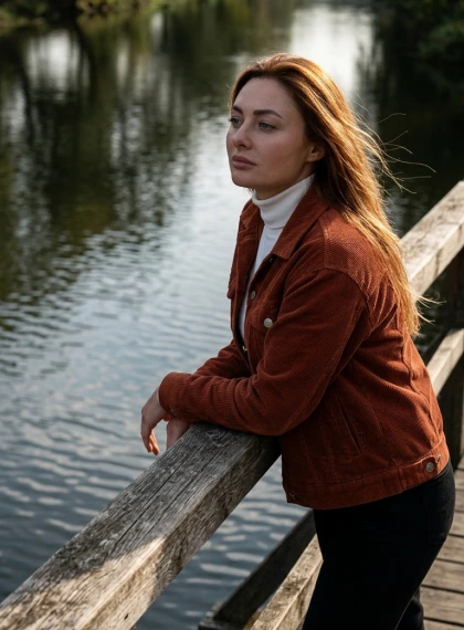 Half-body candid from side angle, person leaning against a rustic wooden bridge railing overlooking a serene river, g...