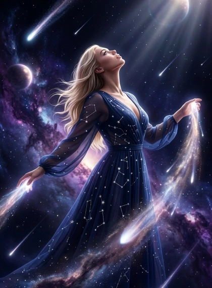 Head tilted skyward, arms outstretched grasping ethereal comet tails, swirling nebulae in deep purples and blues enve...