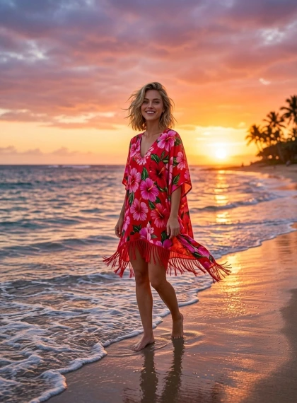 Heure Dorée Cinématographique sur Plage Tropicale au Coucher du Soleil en Robe Kaftan Hibiscus Vibrant