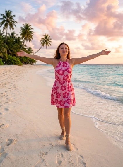 High-quality, ultra realism photo of a person standing on powdery white sand of tropical beach at dawn, arms raised h...