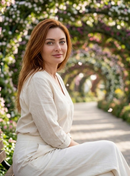High-quality ultra-realistic portrait shot of a person sitting on a bench in Miracle Garden under blooming arches, tu...