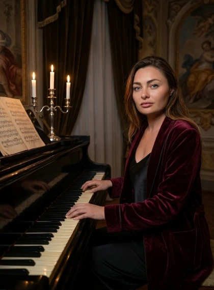 Hyperrealistický portrét u křídla v hudebním pokoji