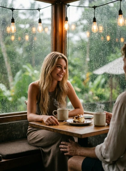 In a small cafe in the backyard. Sitting at a table under a string of lights, rain outside the window, coffee and des...