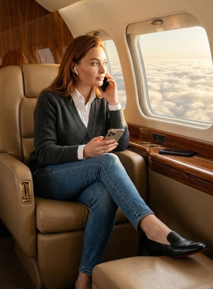 Inside the cabin of a private jet, on a call while looking at the sea of clouds outside the window. Leather seats, lu...