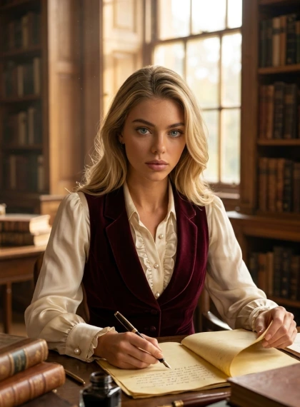 Intens fokuseret skribent i bibliotek ved gylden times lys – ultrarealistisk portræt