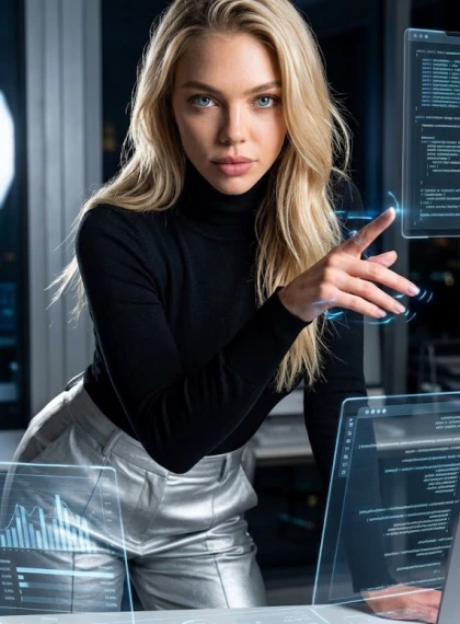 Intense Tech Entrepreneur Portrait Pitching Holographic Startup Idea - Ultra Realistic Close-Up