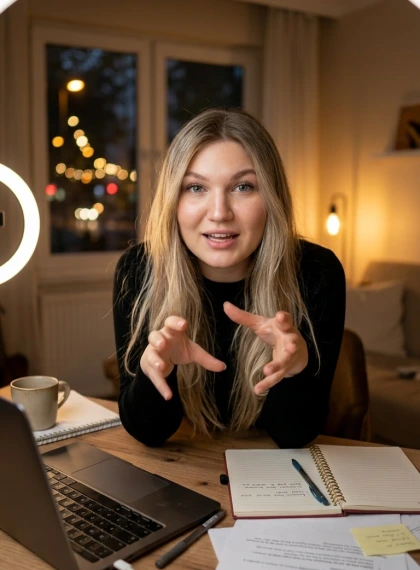 Intymny Setup Biurkowy w Vlogu: Pochylona z Animowanymi Rękoma Opowiadająca Historię | Ultra Fotorealizm