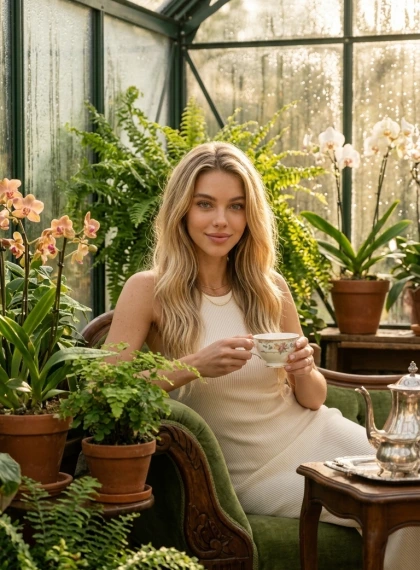 Invernadero Exótico con Plantas y Chaise Victoriano