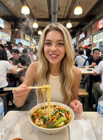 Jedząc Noodles w Food Court - Uśmiech z Pełnymi Ustami