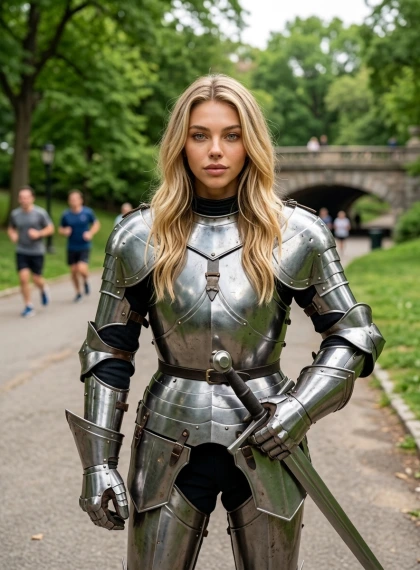 Jogger in park trades sneakers for medieval knight armor.