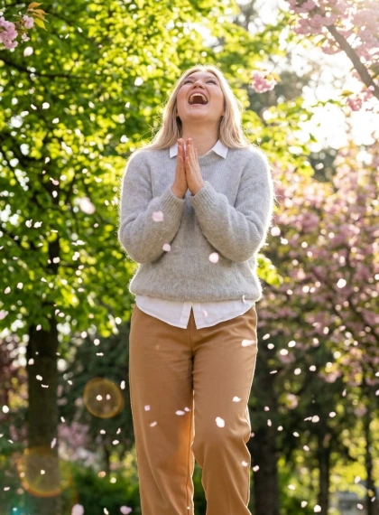 Joyful Laughter in Sunlit Cherry Blossom Park - Ultra Photo Realistic Medium Shot with Fashion Outfit