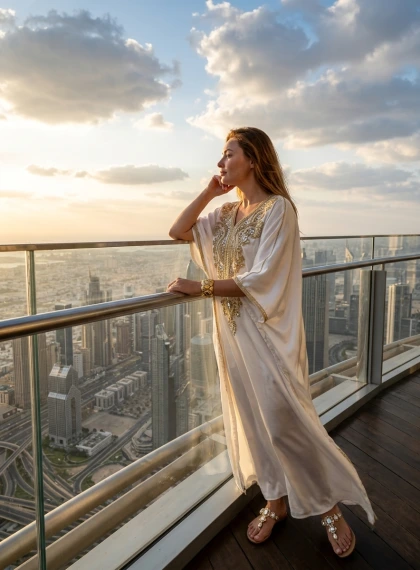 Kobieta w białym jedwabnym kaftanie na tarasie widokowym Burj Khalifa o zachodzie słońca
