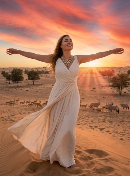 Kobieta w kremowej sukni maxi na wzgórzu w Rezerwacie Dubai Desert – Zachód słońca z gazelami