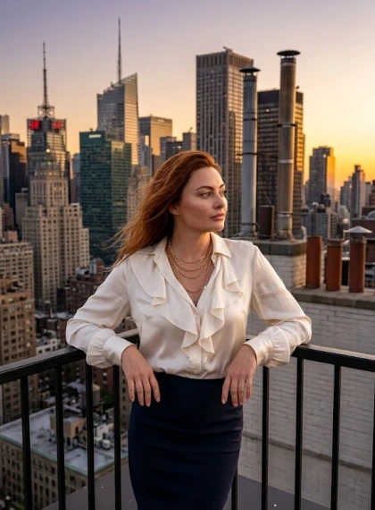 Kvinde på tagkanten i Manhattan ved solnedgang – Elegant silkebluse og blyantskørt