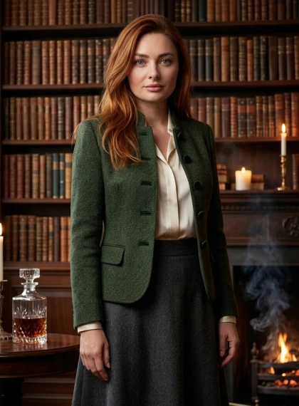 Library in the mansion: walls of dark wood, shelves to the ceiling with thousands of leather-bound volumes, fireplace...