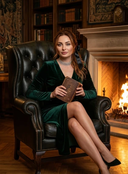 Luksusowa biblioteka w starożytnej posiadłości: elegancka kobieta z książką przy kominku, ultra fotorealizm