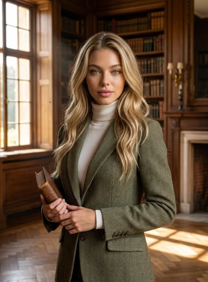 Lyxigt antikt bibliotek – Tweedfigur & gyllene ljus