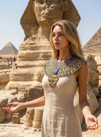 Majestic standing pose next to the Great Sphinx, sunny noon with sharp shadows highlighting the ancestral contours, a...