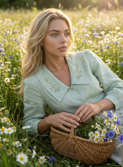Meadow with lush daisies and cornflowers, basket of wild flowers on the knees, hands gently embrace it, gaze thoughtf...