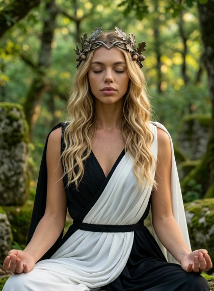 Meditación Serena con Ojos Cerrados, Hojas de Roble en el Cabello, Bosque de Olimpo, Luz Verde-Dorada - Fotorealismo ...