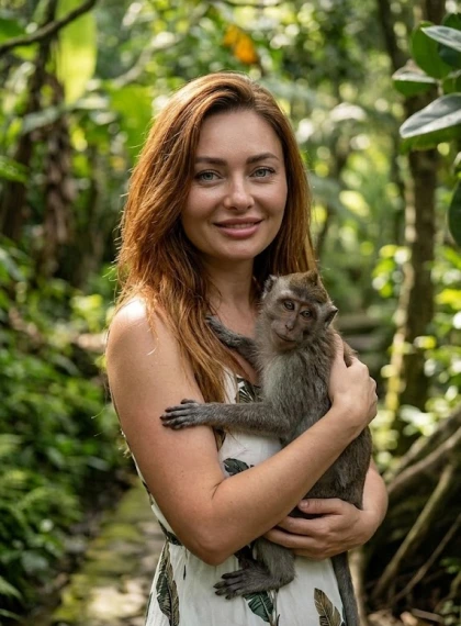 Mujer Caminando por el Bosque de Monos de Ubud en Vestido Tropical de Hojas de Plátano