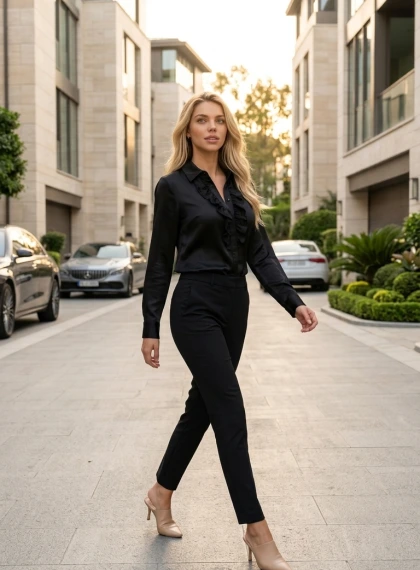 Mujer Elegante Caminando por Calle Residencial Elite con Arquitectura Beige Moderna al Atardecer