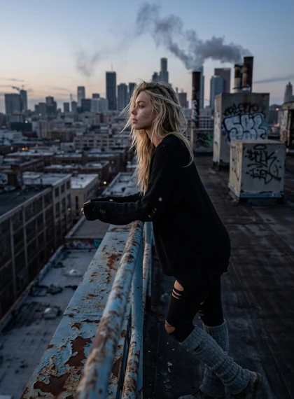 Mujer en Azotea de Edificio Abandonado: Viento en Cabello, Crepúsculo Urbano Épico y Ultra Realismo Fotográfico