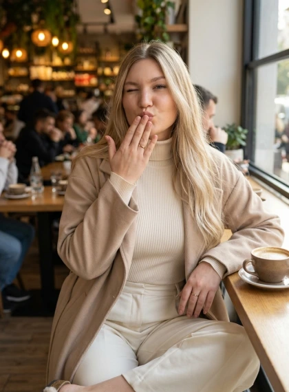 Mulher com Piscadela Brincalhona e Beijo Soprando em Café Vibrante | Moda Elegante Realista Ultra