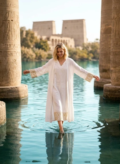 Mulher Equilibrando nas Colunas Submersas do Templo de Philae em Água Turquesa – Realismo Fotográfico Ultra