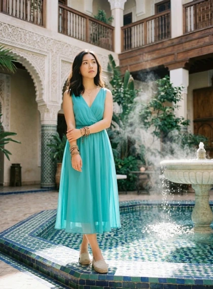 Mulher Pensativa à Fonte em Riad de Marrakech: Vestido Turquesa Chiffon, Luz Matinal Cintilante