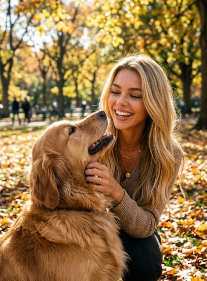 Mângâiere Câine în Parcul de Toamnă | Imagine Naturală