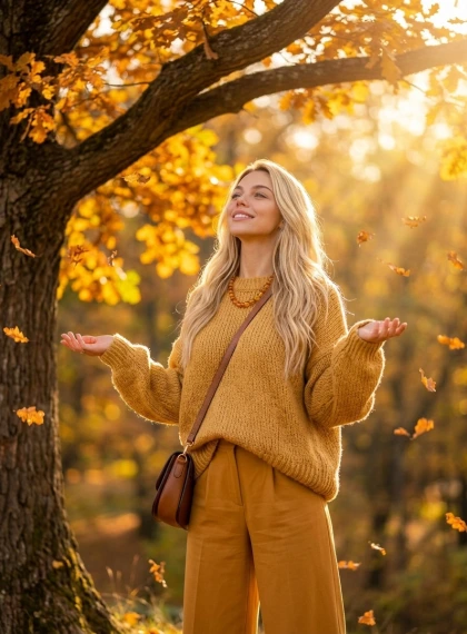 Near an old oak with golden foliage, leaves falling slowly, head tilted towards the sun's rays, palms open at chest l...