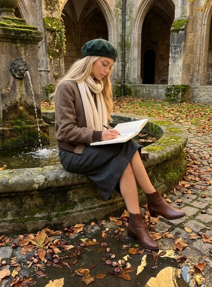 Near the fountain in the courtyard with arches, sitting on the edge, a pen draws in a sketchbook, water gurgles, moss...