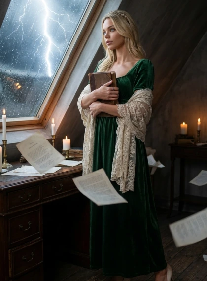 Near the window in the attic, embracing a volume of poetry, gaze on the storm, lightning illuminates the room, candle...