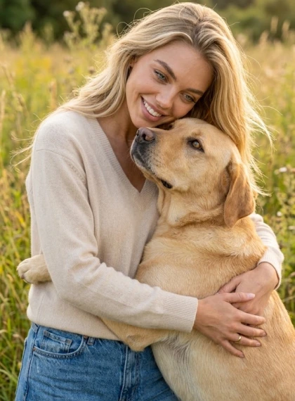 Objetí s labradorem v měkkém večerním světle | Fotorealistická fotografie s bokehem