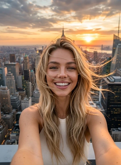 On the roof of the house, city panorama at sunset, phone in outstretched hand, wind, hair in flight, silhouette again...